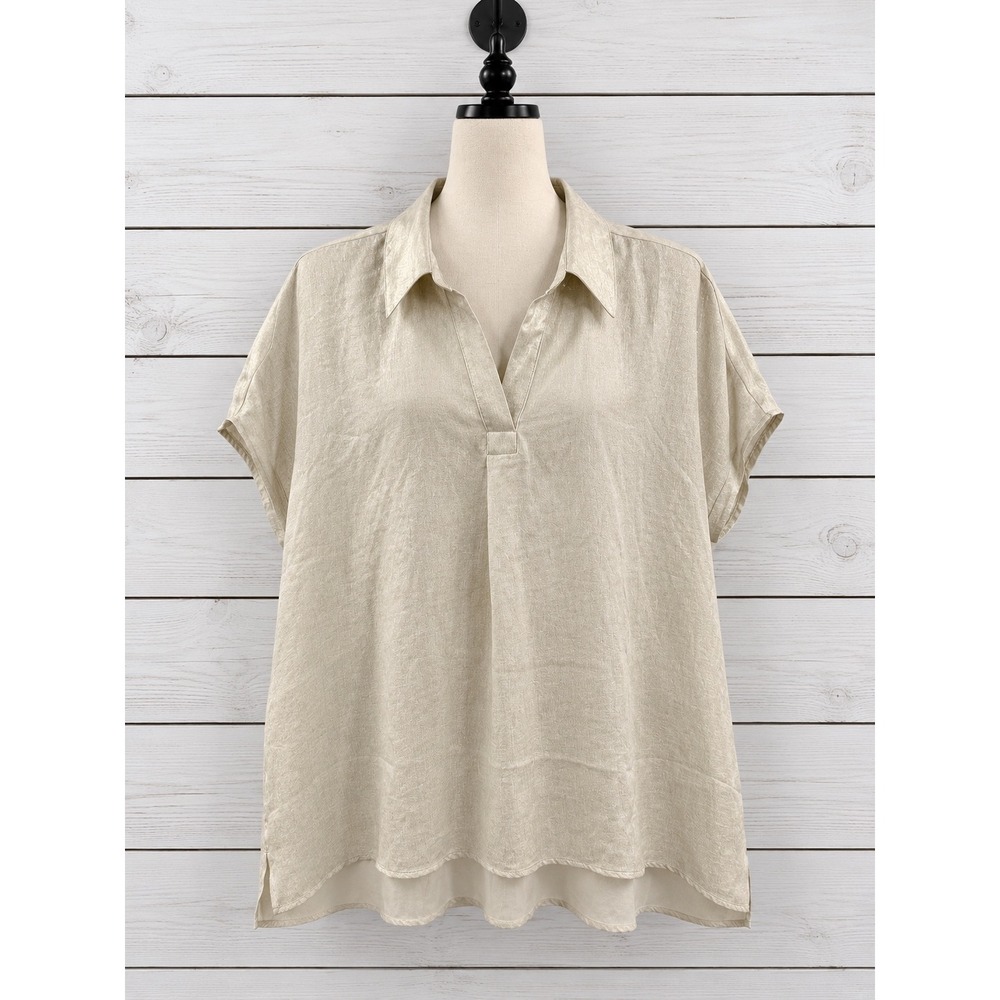 Susan Graver Foiled Woven Pullover Henley Top 2X Champagne Gold Shimmer A692166
